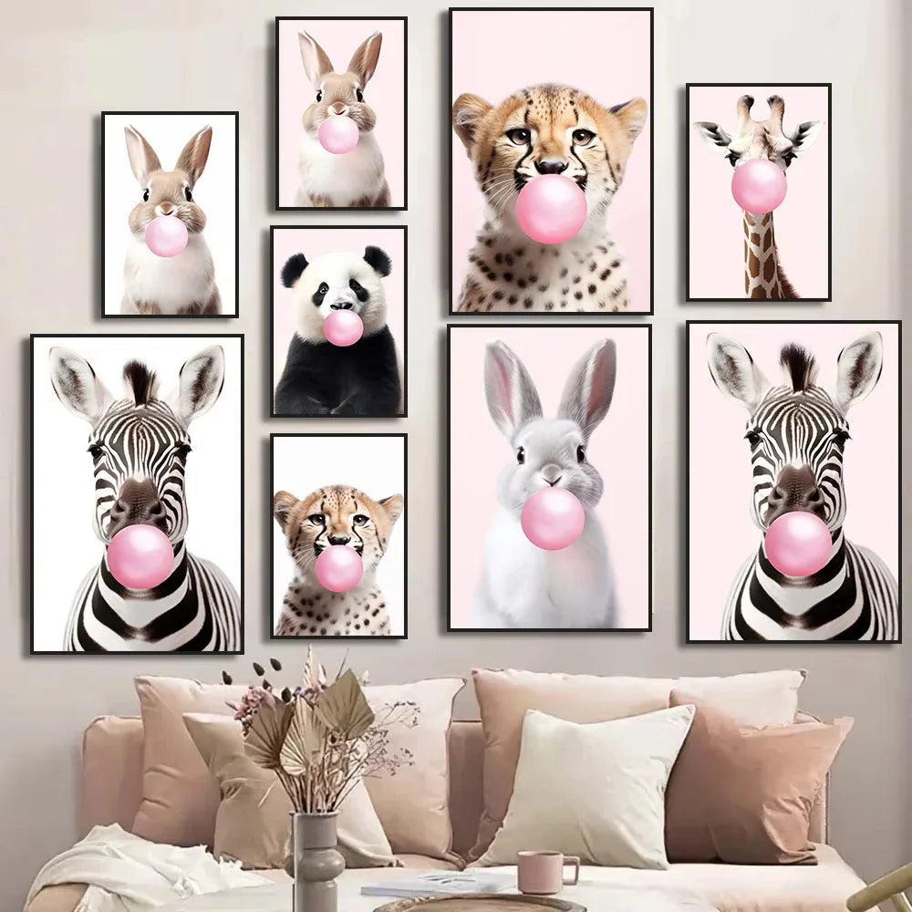 Lindo Panda Rosa Jirafa Conejo Guepardo Cebra Soplando Chicle Póster Lienzo Pintado para Habitación Infantil Decoración con Estampados de Animales