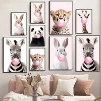 Lindo Panda Rosa Jirafa Conejo Guepardo Cebra Soplando Chicle Póster Lienzo Pintado para Habitación Infantil Decoración con Estampados de Animales
