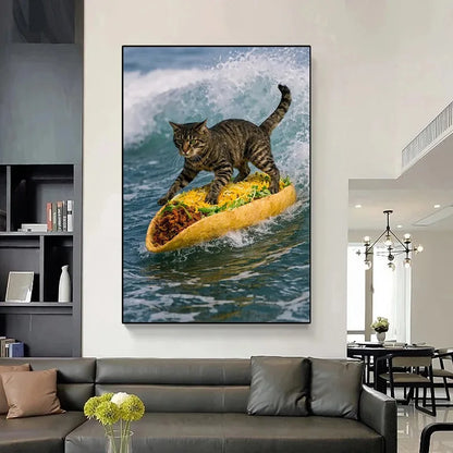 Cute Kittens Various Scenes Poster Funny Baby Cat in Daisy Field Watching Sunset on Beach Sleeping Canvas Print for Home Decor
