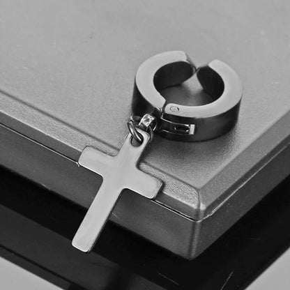 Stainless Steel Clip On Cross Earrings | Non Piercing Gothic Punk Jewelry for Men Women