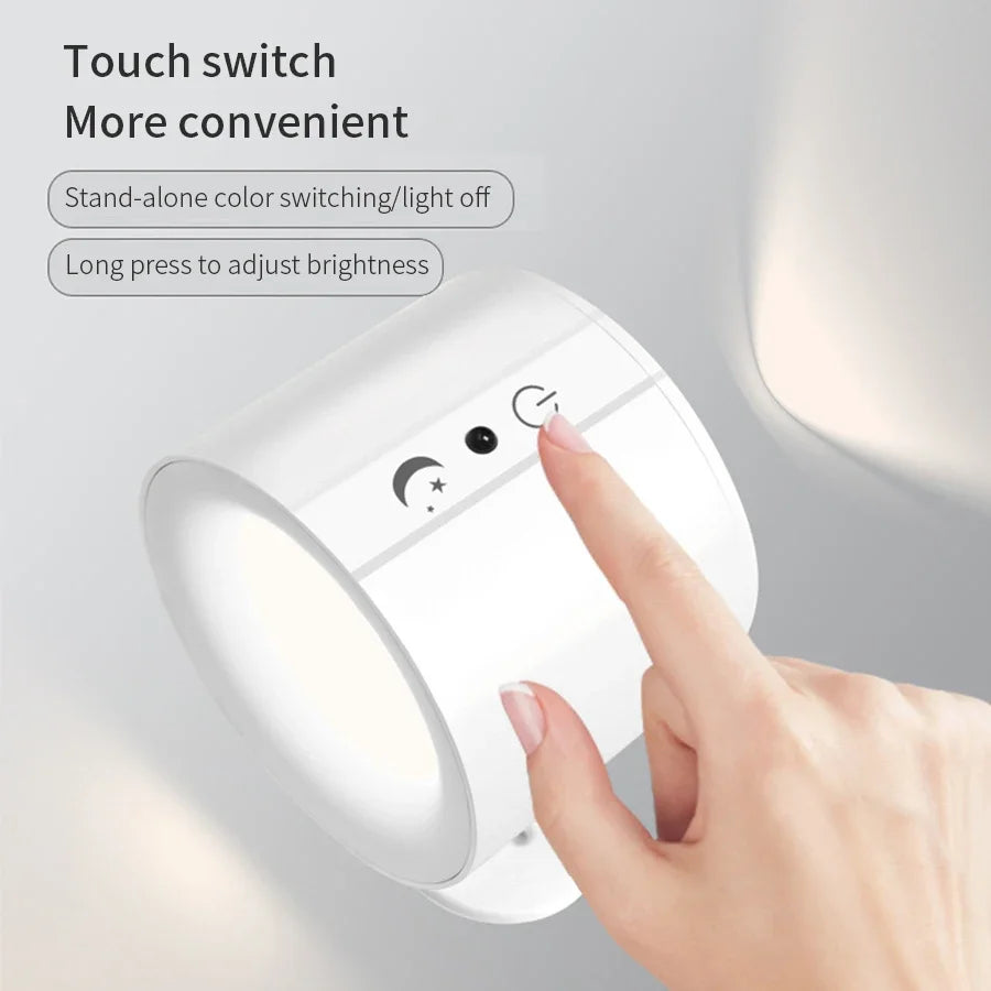 Wireless LED Wall Sconce Light 360° Rotatable Touch Control 3 Color Bedroom Lamp