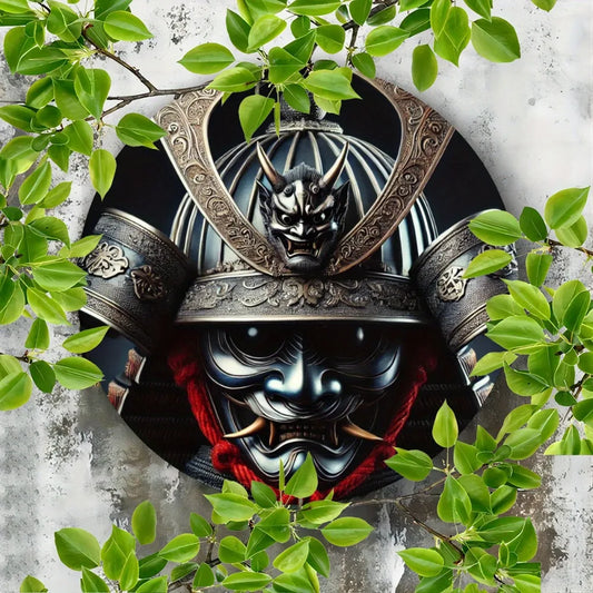 Letrero metálico redondo: Casco de samurái japonés (máscara de Oni) - Decoración de pared, dormitorio, cafetería, hogar y dormitorio universitario
