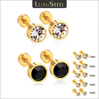 LUXUSTEEL 3mm-7mm Black White CZ Zircon Stud Earrings | Screw Back Stainless Steel No Fade