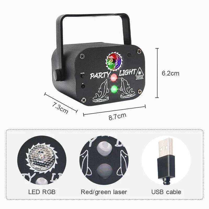 USB Laser Party Light Mini Projector 60 Patterns Sound Activated Disco Decor