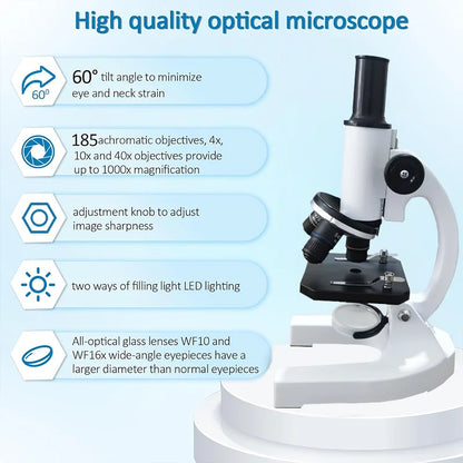 Microscopio 40X-2000X para niños y adultos con luz LED y adaptador para teléfono, kit de ciencias
