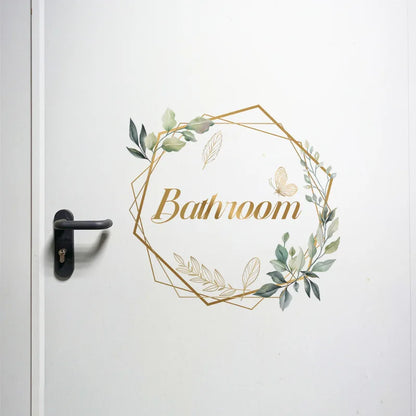 Green Plant Toilet Door Sticker Golden Letter Removable Self-adhesive Waterproof PVC Bathroom Decoration Decal