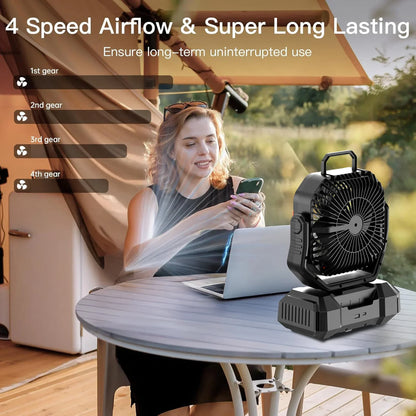 Outdoor Companion | Rechargeable Camping Fan with LED Light & Power Bank | Portable Battery Fan for Ultimate Outdoor Comfort