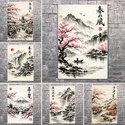 Japanese Ink Painting Landscape Spring Cherry Blossoms Canvas Print Asian Style Wall Art Poster for Living Room Home Decor Gift