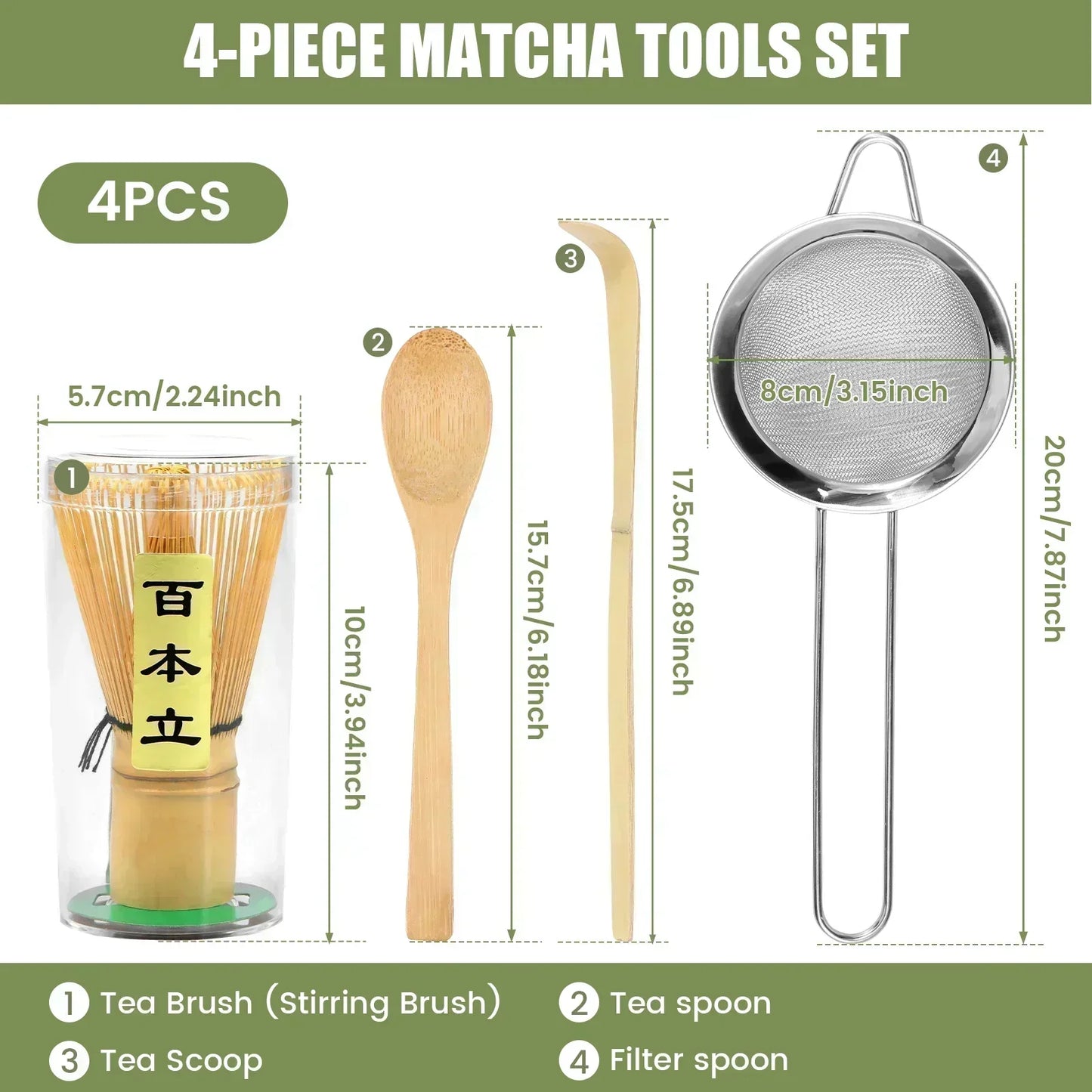 Ensemble de 4 fouets à matcha Fouet à matcha en bambou fait à la main Cuillère à thé traditionnelle Cuillère à thé profonde Passoire à thé Support de rangement transparent pour fouet