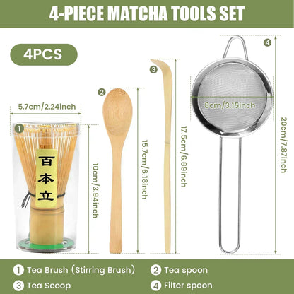 Ensemble de 4 fouets à matcha Fouet à matcha en bambou fait à la main Cuillère à thé traditionnelle Cuillère à thé profonde Passoire à thé Support de rangement transparent pour fouet