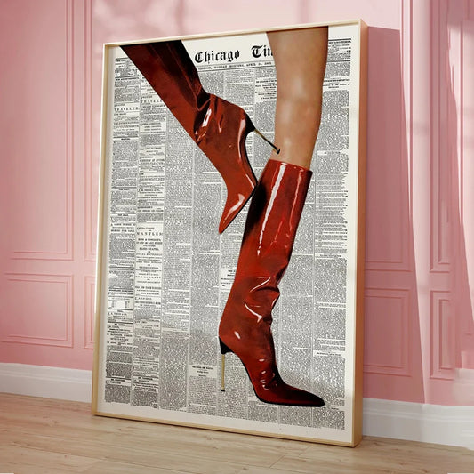 Modern Retro Newspaper Red Boots Fashion Leopard Boots Vintage Wall Art Canvas Painting Posters For Living Room Home Decor