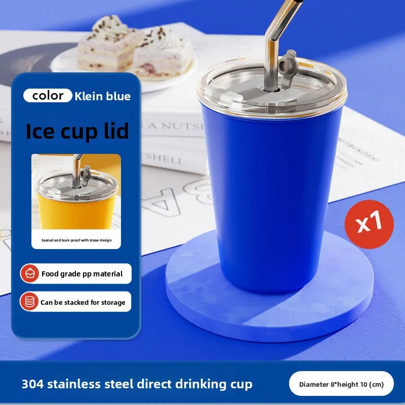 Gobelet à glace en acier inoxydable 304, 6 options de couleur, tasse à café, anti-fuite, double usage, boisson directe et paille, qualité alimentaire, empilable