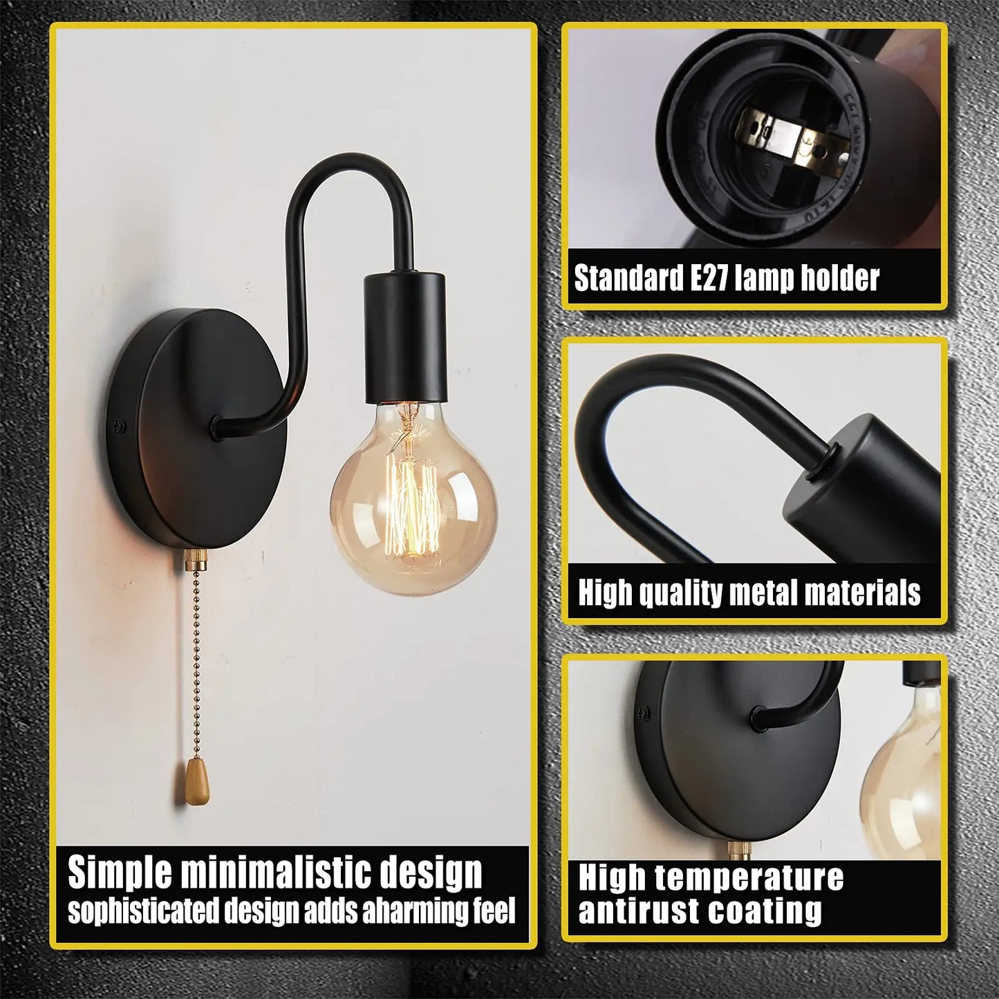 Applique murale industrielle noire – Lampe nordique en fer E27 pour chambre et salle de bain