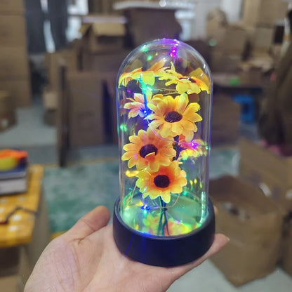 Sunflower LED Glass Dome Night Light Artificial Flower Graduation Gift Home Decor