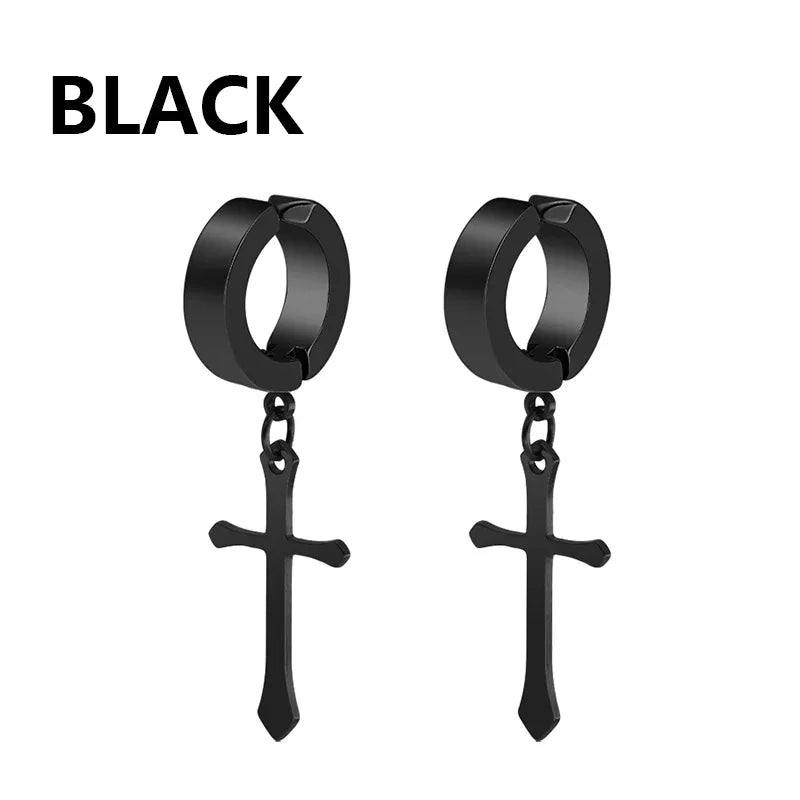 Stainless Steel Clip On Cross Earrings | Non Piercing Gothic Punk Jewelry for Men Women