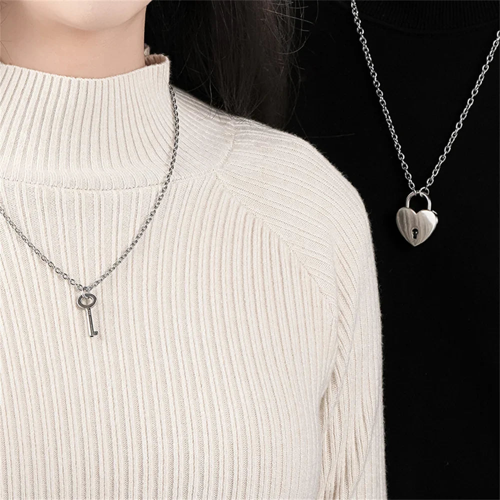 Romantic Key and Heart Couple Necklace Set | Stainless Steel Lock and Key Pendant for Lovers