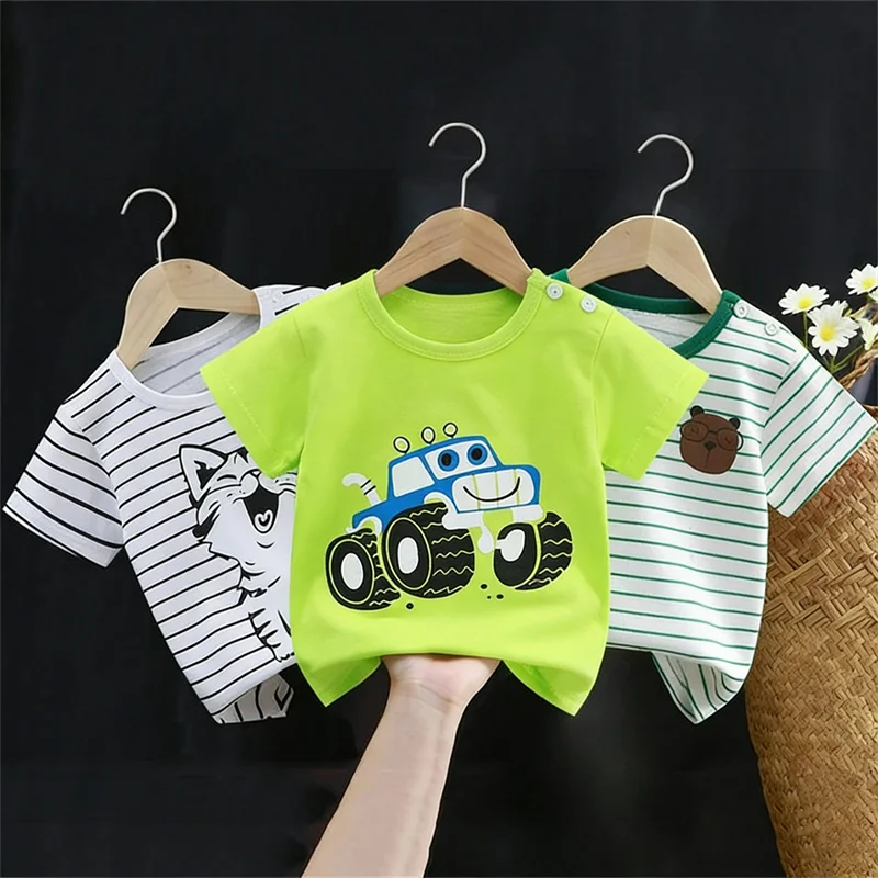 Camisetas y playeras infantiles de verano, 100 % algodón, con estampado gráfico, ropa para niño, estilo coreano, ropa para niña, auto de dibujos animados, 2026, artículos para bebé