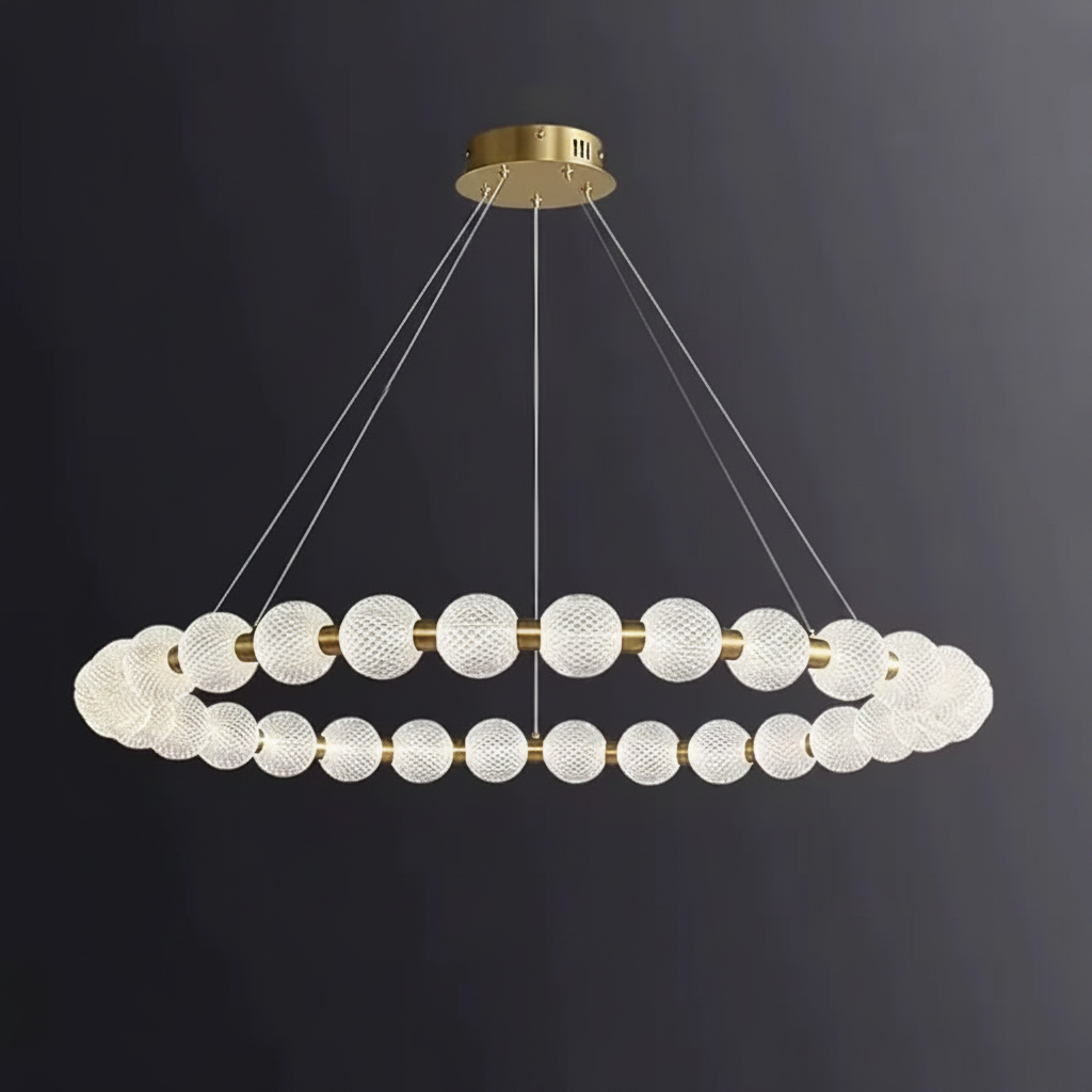 Alabaster Ring Chandelier – Gold Beaded LED Luxury Ceiling Light