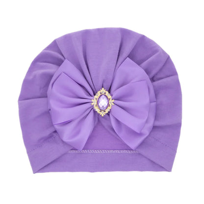 Solid Color Baby Turban Bow Beanie with Rhinestone | Handmade Infant Cap for Girls 0-2 Years