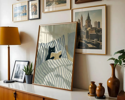 Cat Reading Print – Black Cat Wall Art, Cosy Bedroom Poster, Book Lover Cat Illustration, Cat in Bed Print, Reading Decor, Cat B