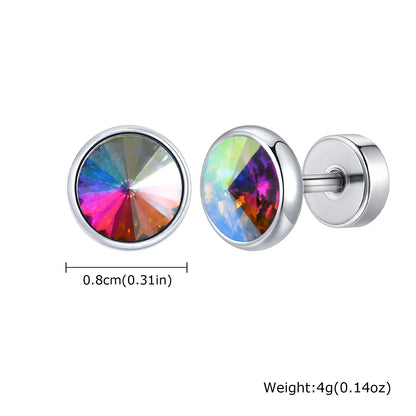 8mm Stainless Steel Screw Back Earrings for Men | Faceted Zircon Studs