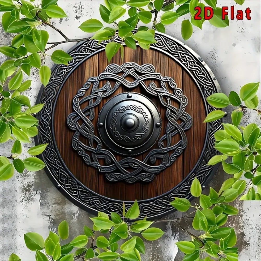 Décoration murale plate 2D en métal, bouclier Viking nordique avec nœuds celtiques, marron foncé, pour maison, bureau, bar, café