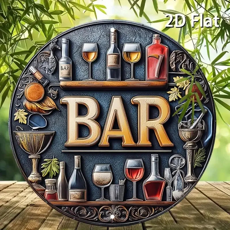 Plano 2D, 1 señal de barra de metal vintage - Elegante diseño de vino y copas, arte de pared redondo retro de aluminio para bares, cafeterías, casas de playa