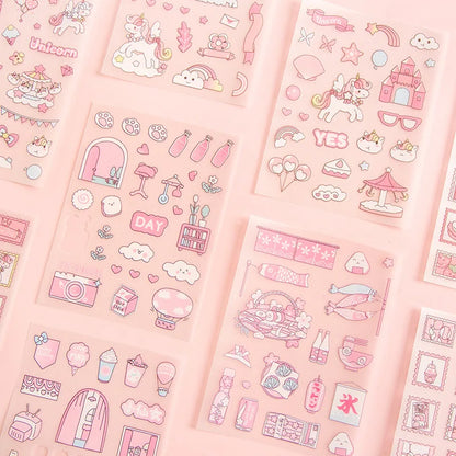 Cute Pink PET Sticker Pack for Scrapbooking and Journaling | 4 Sheets Kawaii Decorative Stickers