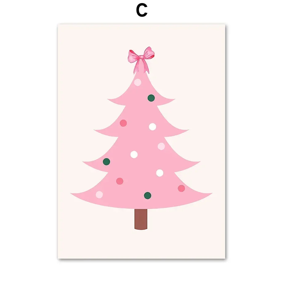 Arte de pared moderno y sencillo, árbol de Navidad rosa, Papá Noel, impresión en lienzo HD, póster, decoración para sala de estar, dormitorio