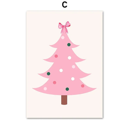 Arte de pared moderno y sencillo, árbol de Navidad rosa, Papá Noel, impresión en lienzo HD, póster, decoración para sala de estar, dormitorio