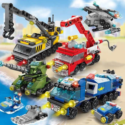 City Fire Car Building Blocks Set | 6-in-1 Police Truck, Engineering Crane, Tank & Helicopter Toys for Kids
