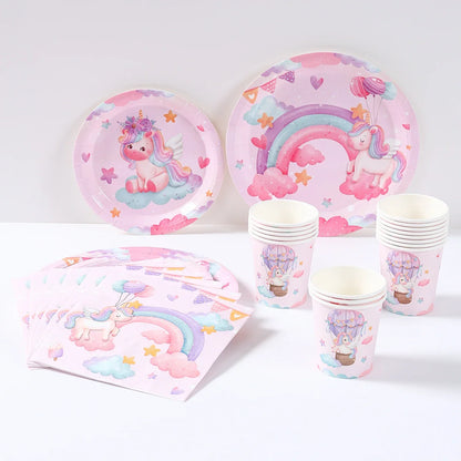 Set de vaisselle jetable licorne Assiettes Gobelets Serviettes Décoration de fête d'anniversaire Enfants Garçon Fille Fournitures de fête d'anniversaire de mariage