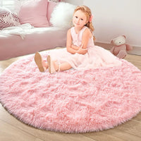 VIKAMA Pink Round Carpet Fluffy Soft Area Floor Mat Children Girls Room Princess Castle Plush Carpet Living Room Home Decor