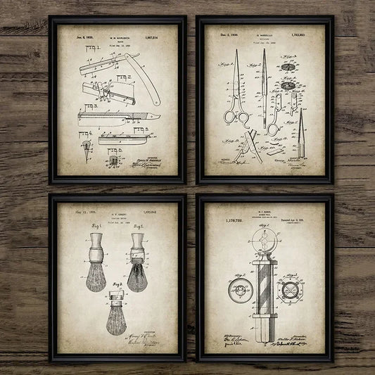 Barber Patent Blueprints Vintage Posters Canvas Prints ,Shaving Brush, Scissors Barber's Pole, Cutthroat Razor Barbershop Decor