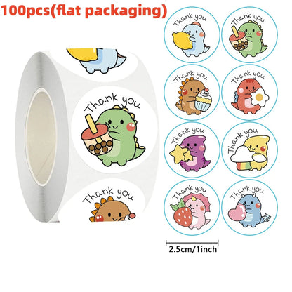 50/100/500pcs Cartoon Dinosaur Thank You Stickers | 1 Inch Round Labels for Packaging, Gifts, and Baking