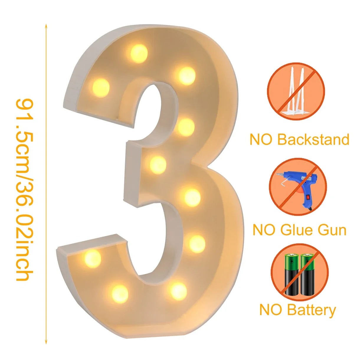 91.5cm Grande Lettre Lumineuse LED Chiffre d'Anniversaire 1er Anniversaire Mariage Baby Shower Décoration 30 40 50 Chiffre d'Anniversaire Cadre