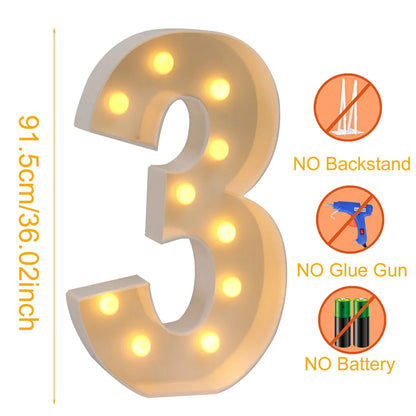 91.5cm Grande Lettre Lumineuse LED Chiffre d'Anniversaire 1er Anniversaire Mariage Baby Shower Décoration 30 40 50 Chiffre d'Anniversaire Cadre