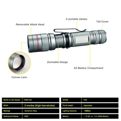 Mini LED Flashlight Q5 | Portable Torch with 3 Modes, Waterproof, AA Battery Powered