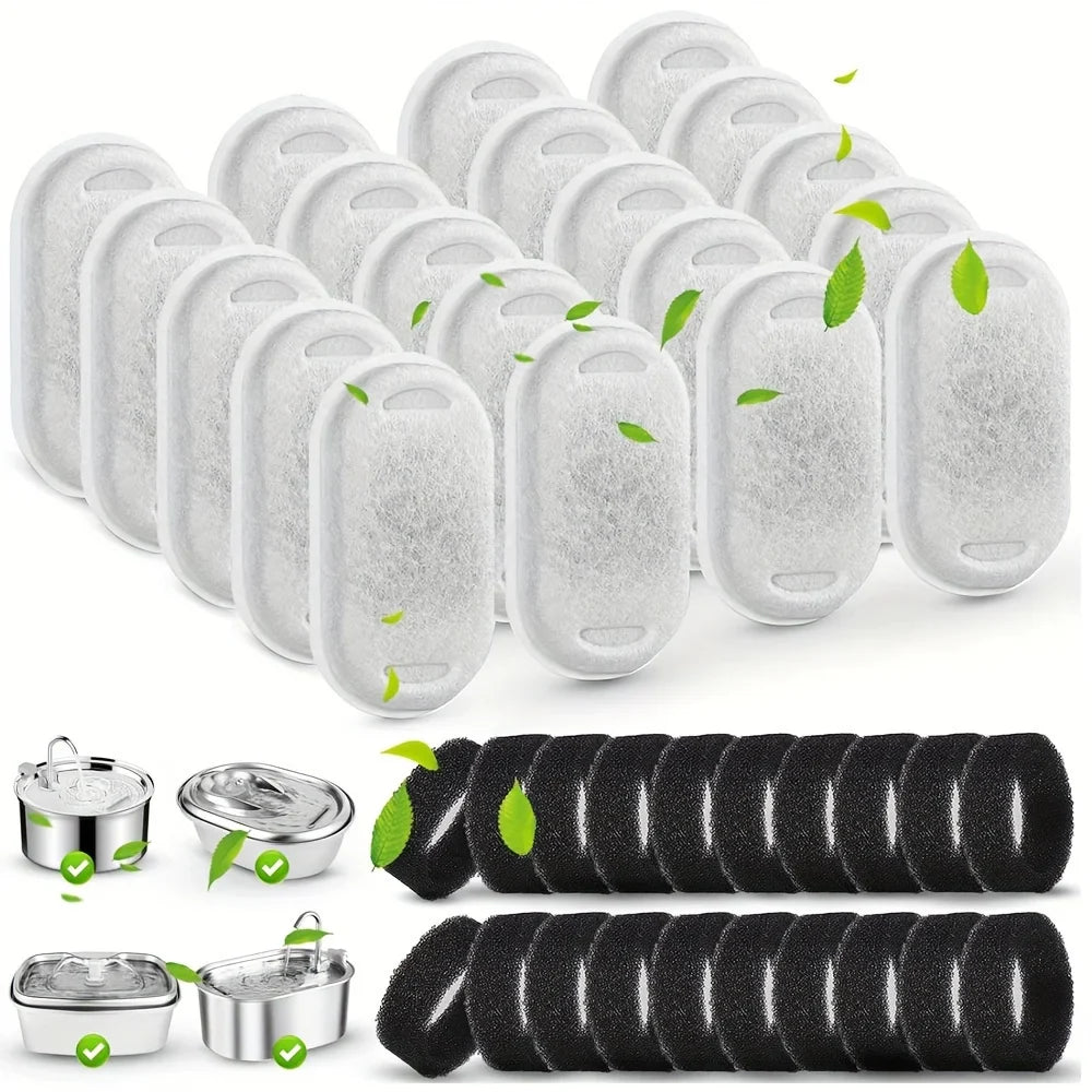 20 FILTRES de rechange pour fontaine à eau pour chat et distributeur d'eau pour chien en charbon actif avec 20 éponges pour l'hydratation des animaux de compagnie à domicile