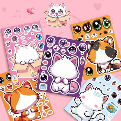 8 Pcs Cute Kitten Dress-Up Stickers | Cartoon Puzzle Toy and Waterproof Decals for Kids