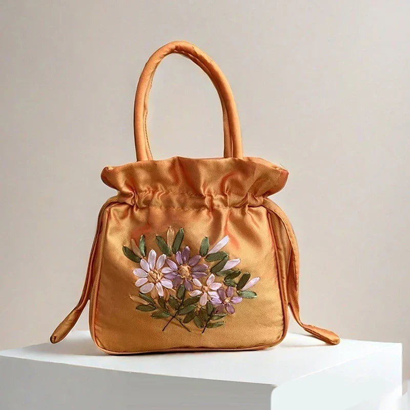 ZTBBAO Embroidered Flower Bucket Bag | Small Top Handle Handbag for Women