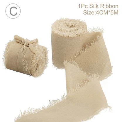 5M Handmade Frayed Edged Satin Chiffon Silk Ribbon For Wedding Invitation Wrapping Bouquets Birthday Party Decorations Gifts
