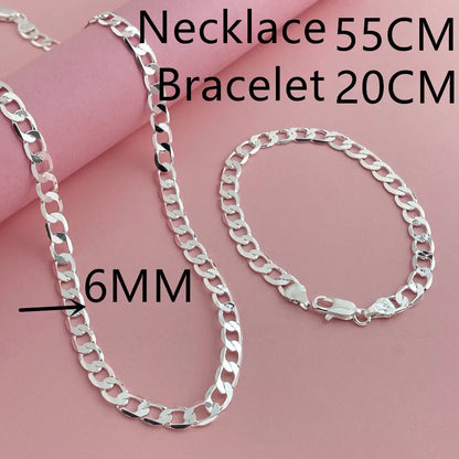 925 Sterling Silver 6mm Cuban Link Necklace and Bracelet Set | Unisex Classic Jewelry