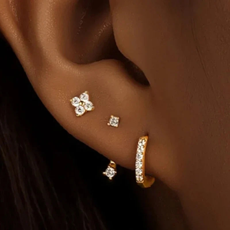 Gold Circle Hoop Earrings Set | Stainless Steel Zircon Flower Stud Jewelry