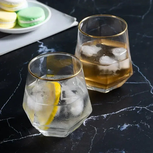 Gold Rim Hexagonal Crystal Glass | Elegant Whiskey & Wine Glass