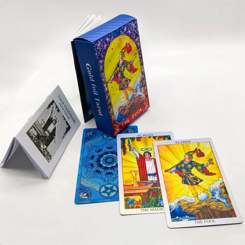 Jeu de cartes de divination laser Tarot espagnol en feuille d'or pour débutants 12x7cm avec guide bilingue
