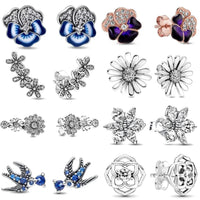 Double Hoop Swallow Sunflower Stud Earrings | 925 Sterling Silver Fine Jewelry Gift for Women