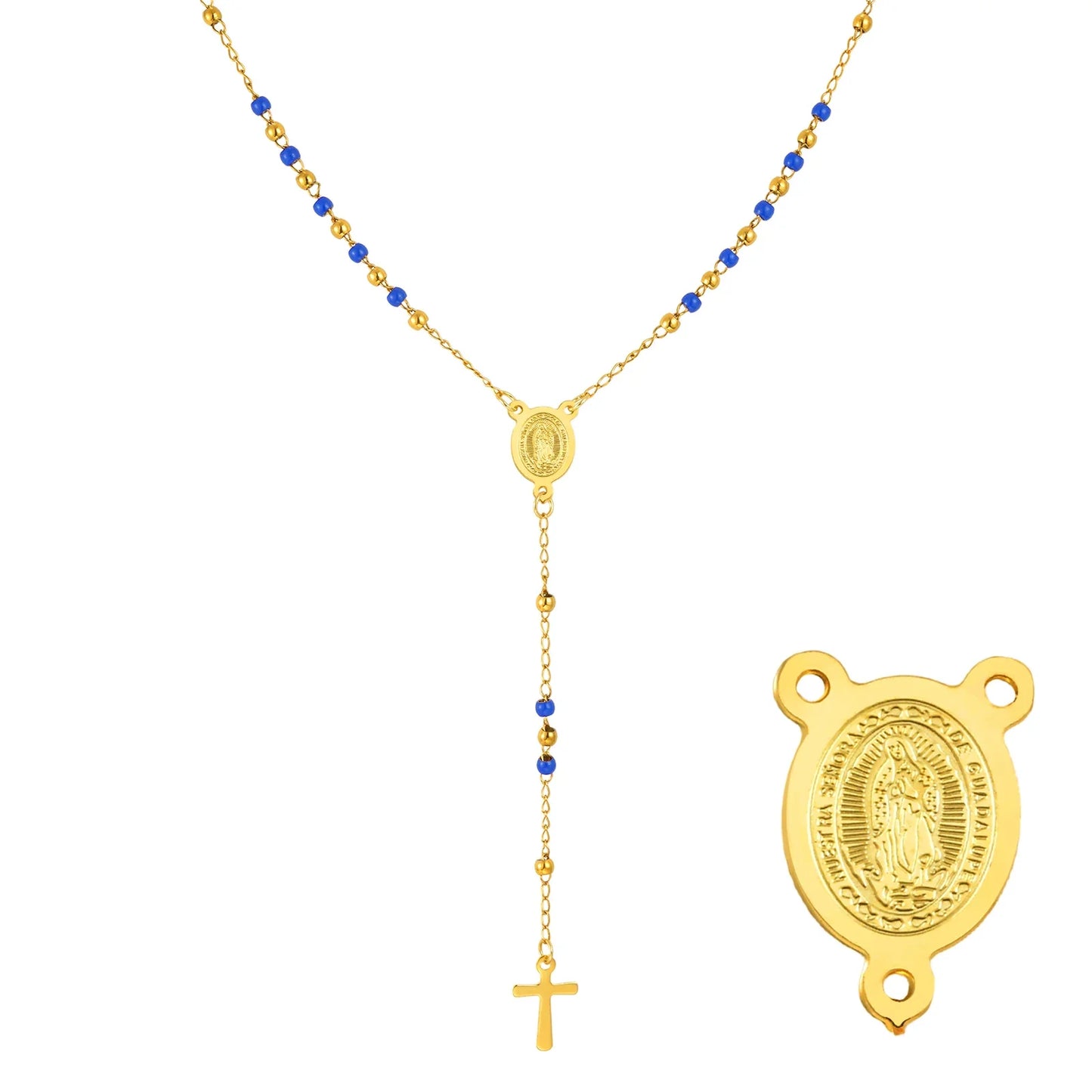Colored Bead Y-Shaped Cross Necklace | Stainless Steel Catholic Rosary Jewelry for Women