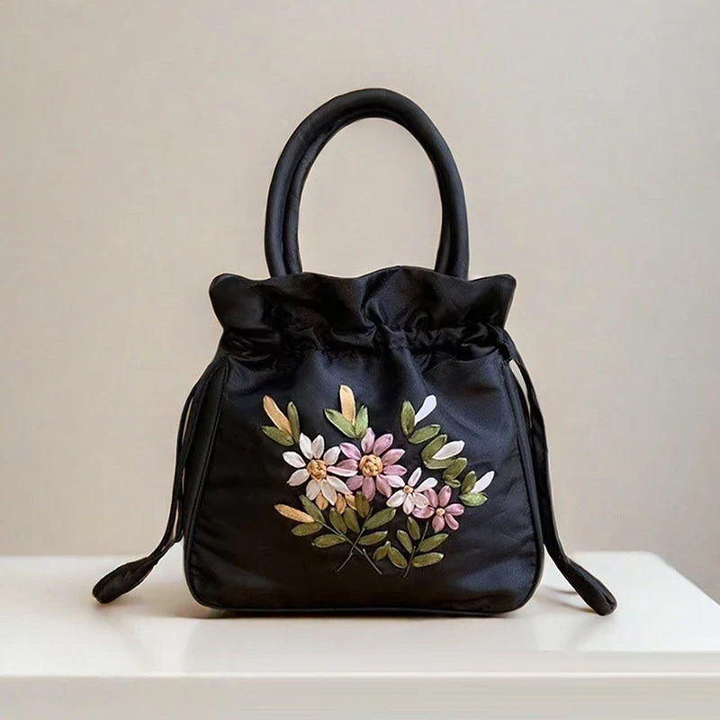 Small Embroidered Flower Bucket Bag | Women's Top Handle Drawstring Purse