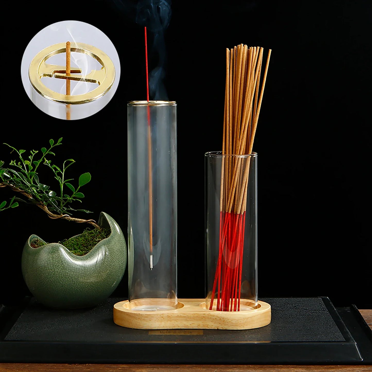Brûleur d'encens en verre 2 en 1 pour bâtonnets, anti-cendres volantes, avec cendrier amovible et organiseur de bâtonnets d'encens